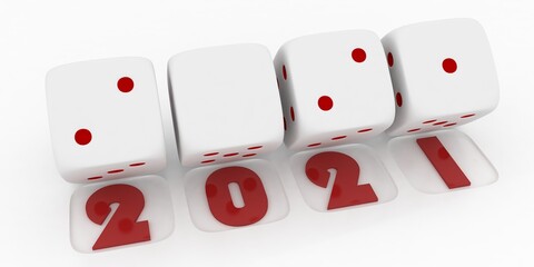 2021 Merry Christmas and Happy New Year ,3d render of  white dice on white  background