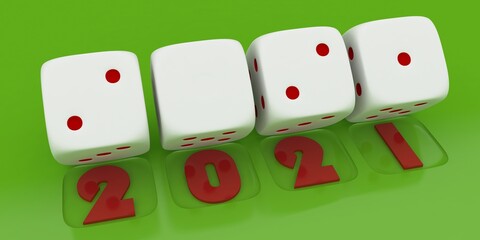 2021 Merry Christmas and Happy New Year ,3d render of white dice on green  background