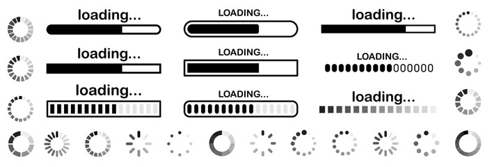 Set of vector loading icons. loading bar progress icon. Download progress. Collection Loading status. Vector illustration. - obrazy, fototapety, plakaty