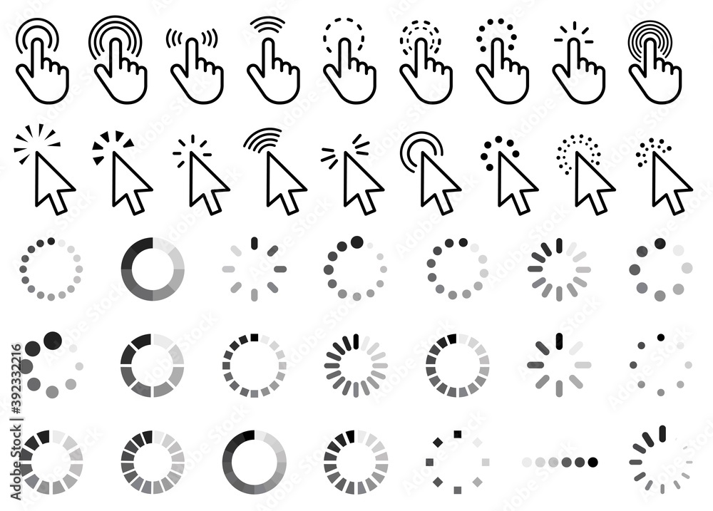 Poster Computer mouse click cursor gray arrow icons set. Clicking cursor, pointing hand clicks and waiting loading icons.Hand icon design. Pointer click icon. loading icon.Vector illustration.