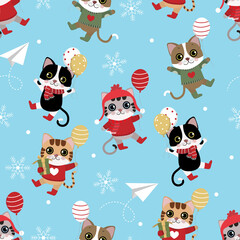 Cute cat in winter costume with balloons seamless pattern. Animal in Christmas holiday cartoon character. Kitten and gift background