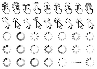 Computer mouse click cursor gray arrow icons set. Clicking cursor, pointing hand clicks and waiting loading icons.Hand icon design. Pointer click icon. loading icon.Vector illustration. - obrazy, fototapety, plakaty