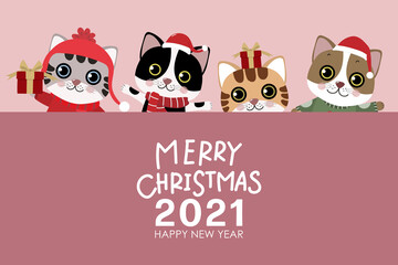 Merry Christmas and happy new year greeting card with cute cat wear winter costume. Animal holidays cartoon character. Funny kitten set.