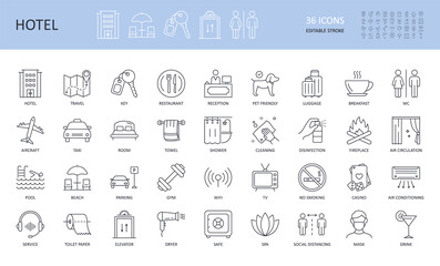 Vector hotel service icons. Editable stroke set. Travel key aircraft taxi room restaurant wc reception pet friendly. Casino luggage parking cleaning spa wifi elevator tv shower safe air conditioning - 392332272