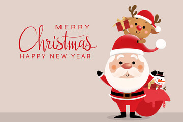 santa mesh_3Merry Christmas and happy new year 2021 greeting card with cute Santa Claus, deer and snowman. Holiday cartoon character in winter season. -Vector.