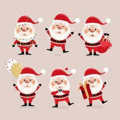 Merry Christmas and happy new year greeting card with cute Santa Claus collection. Holiday cartoon characters set. -Vector