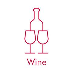 Logotipo con texto Wine con botella de vino con 2 copas  con líneas de color granate