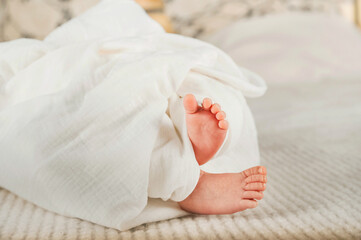 Newborn baby's feet in a white diaper close-up. Baby feet in muslin diaper and copy space.