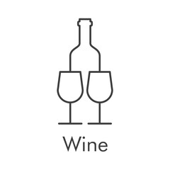 Logotipo con texto Wine con botella de vino con 2 copas  con líneas de color gris