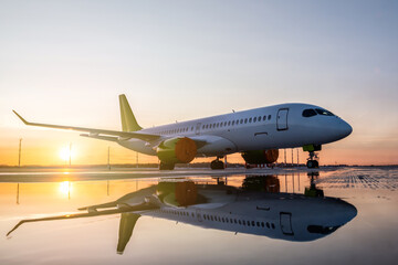 Fototapeta na wymiar Modern passenger airplane on the apron of the airport against the backdrop of a picturesque sunset with reflection in a puddle