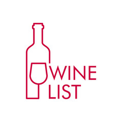 Logotipo con texto Wine List con botella de vino con copa  con líneas de color granate