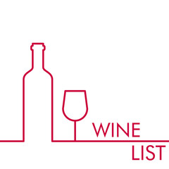 Logotipo con texto Wine List con botella de vino con copa  con líneas de color granate