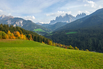 Fototapeta premium Typical beautiful landscape in the Dolomites, Val di Funes valley in the background with the Odle mountains