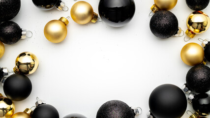 Gift ribbon golden. Black baubles, golden balls in Christmas decoration on white background for greeting card. Decoration and copy space for your text.