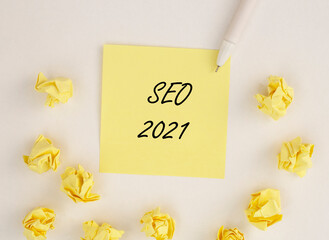 SEO 2021 year prediction and trends. acronym, search engine optimization for business promotion