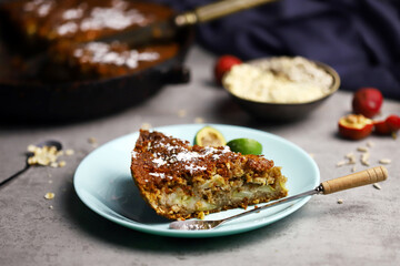 Fragrant delicious piece of oat cake on a plate. Oatmeal cake with seeds and fruits.