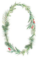 Christmas botany illustration. Watercolor winter floral wreath. Hand painted tree branches oval composition with mistletoe, spruce and red berries - 392335474