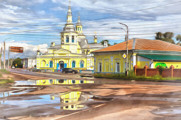 Russian old town Minusinsk with church colorful painting.