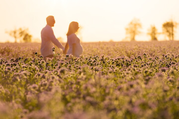 Beautiful pregnant mother and her husband walk together hand in hand outdoor, in the middle of a flowery field at sunset time.