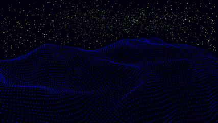 Particle placement with hanging dots in space. Wave of particles. Wave with dots. Space abstract. Landscape background . Abstract gradient dynamic wave of particles. Vector illustration