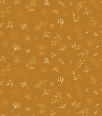 Elegant seamless pattern with plants and herbs. Hand drawn vector illustration.