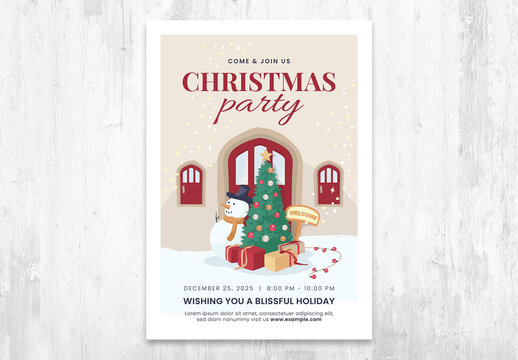 Christmas Card Flyer with Festive Scene of Snowman, Tree and Gifts