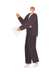 man with ligth brown hair, a dark suit and one paper