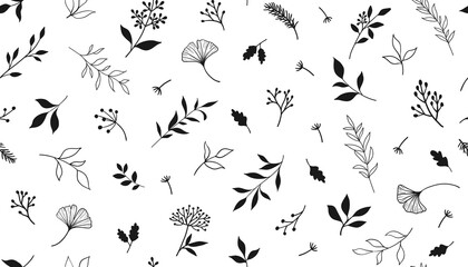 Obraz na płótnie Canvas Elegant seamless pattern with plants and herbs. Hand drawn vector illustration.