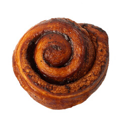 delicious sweet cinnamon bun, chocolate, closeup, isolate, white background bakery pastries