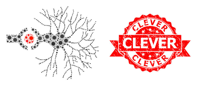 Rubber Clever Stamp And Covid Virus Mosaic Neuron Digital Interface