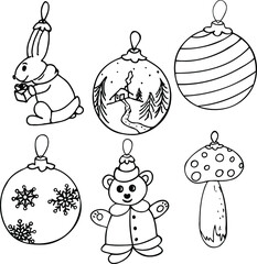 set of christmas elements. vector christmas tree toys illustrations. traditional christmas decoration. balls, rabbit, bunnie, mushroom and teddy bear.