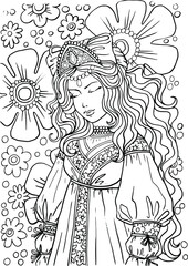 coloring book with a beautiful girl in a Slavic folk costume, Russian beauty, contour drawing by hand on a white background