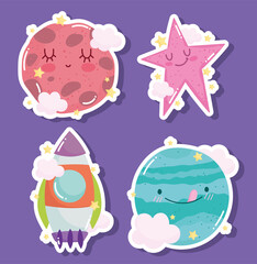 planet star rocket space adventure galaxy cartoon sticker icons