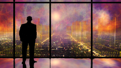 Silhouette of a man in the window looking at digital city skyline at night