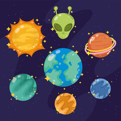 space galaxy astronomy in cartoon style set icons planet alien sun