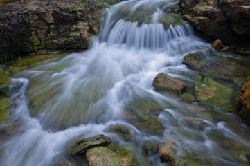 Landscape of a cascade at Autrain Falls captured with motion blur, Hiawatha National Forest, Michigan's Upper Peninsula, USA
