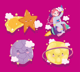 space adventure galaxy cartoon astronaut shooting star planets