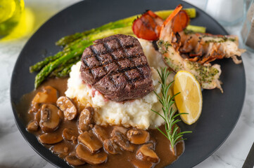 tenderloin steak with lobster tail, surf and turf