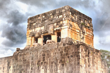 Mayan ruined city colorful painting, 11th century, Chichen Itza, Yucatan, Mexico.