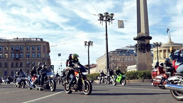 Bikefest parade on motorcycles on the square in city center with sound