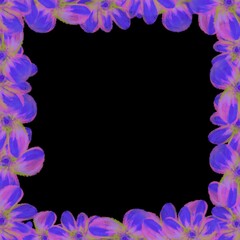 Square frame made of flowers. Lilac, blue, purple flowers on a black background.