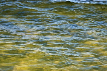 Ripples on the water, sea water near the coast, sand is visible through the water, top view