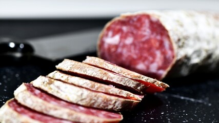 Slices of Italian artisanal Felino salami on a kitchen cutting board. Felino, Parma, Emilia Romagna / Italy