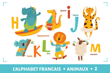 French language alphabet poster with cartoon animals
