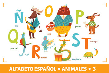 Spanish language alphabet poster with cartoon animals