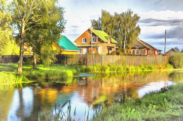Obraz premium Village house colorful painting, Vologda region, Russia.