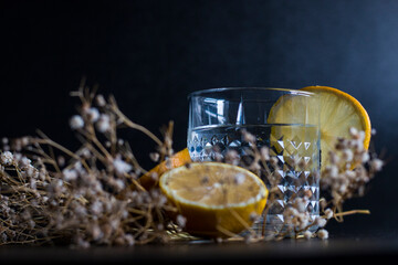 Alcohol drink (gin and tonic cocktail) garnished with lemon fruit and flower isolated on black background. Iced cocktail drink with lemon and herbs.