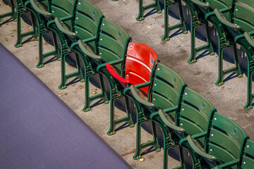 A single red seat in Fenway Park, marking the landing spot of Ted Williams' longest home run ball