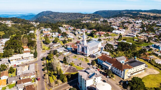 Igreja matriz de S&atilde;o Francisco de Paula - RS. Aerial view of the mother church of S&atilde;o Francisco de Paula city - Rio Grande do Sul &ndash; Brazil