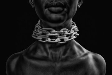 Female afro american slave with heavy chain around her neck - obrazy, fototapety, plakaty